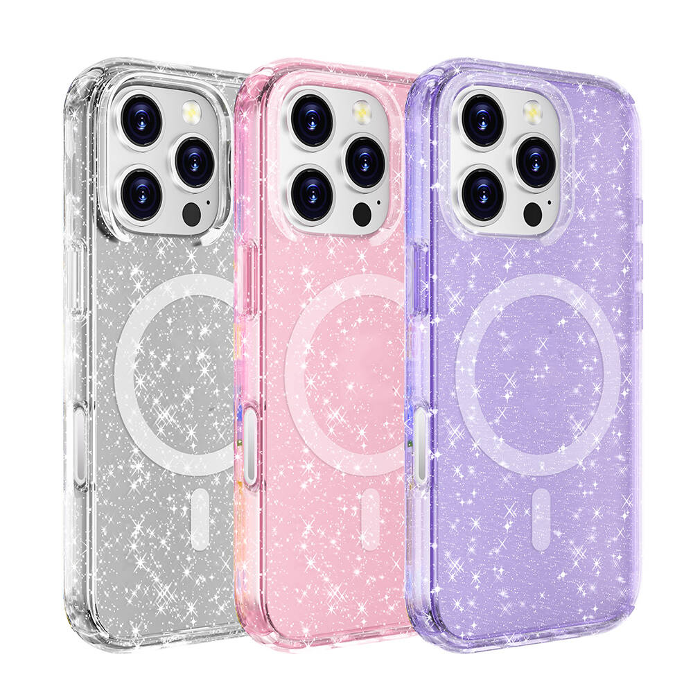 Apple iPhone 16 Pro Max Kılıf M-safe Şarj Özellikli Parlayan Simli Saydam Renkli Zore Allstar Kapak Mor