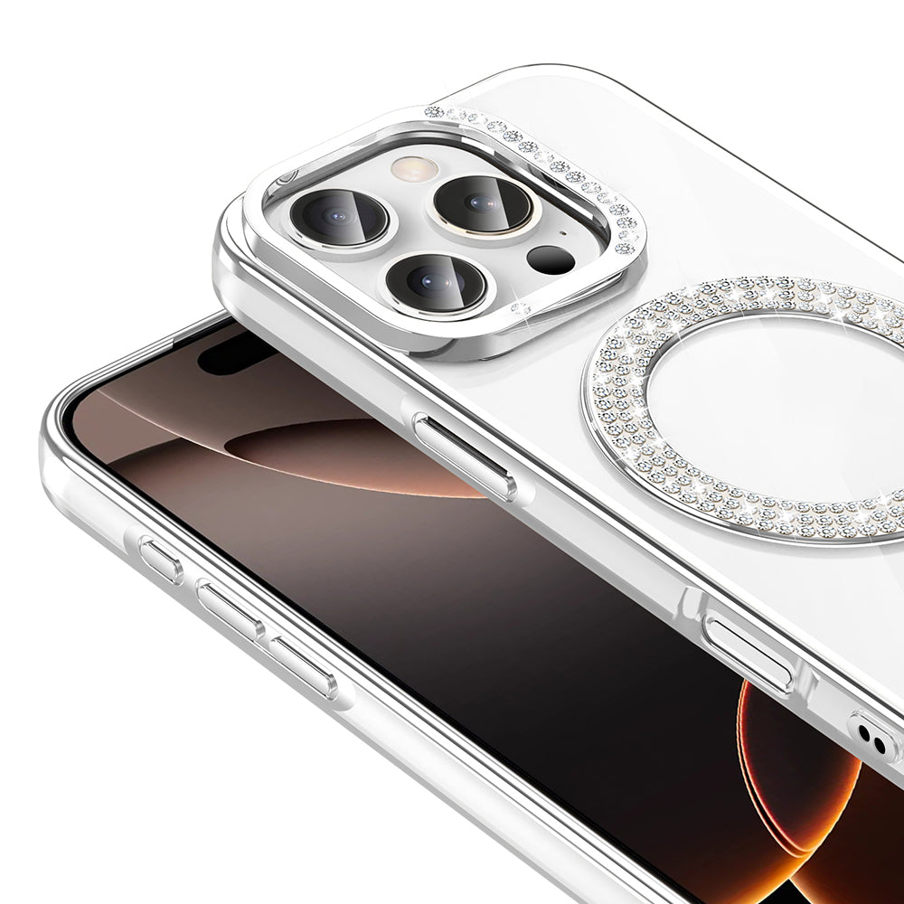 Apple iPhone 16 Pro Max Kılıf Pırlanta Taş Tasarımlı M-safe Şarj Özellikli Zore Karetta Silikon Kapak Gümüş