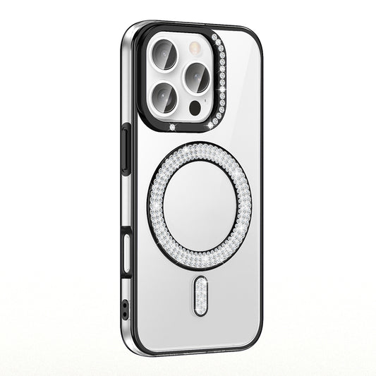 Apple iPhone 16 Pro Max Kılıf Pırlanta Taş Tasarımlı M-safe Şarj Özellikli Zore Karetta Silikon Kapak Siyah