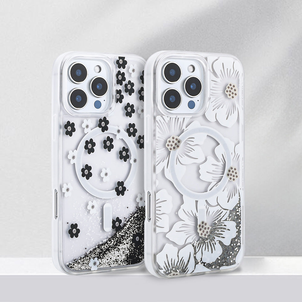 Apple iPhone 16 Pro Max Kılıf Sıvılı Simli Baskılı Şeffaf Arka Yüzey Zore Mossa Silikon Kapak Gri