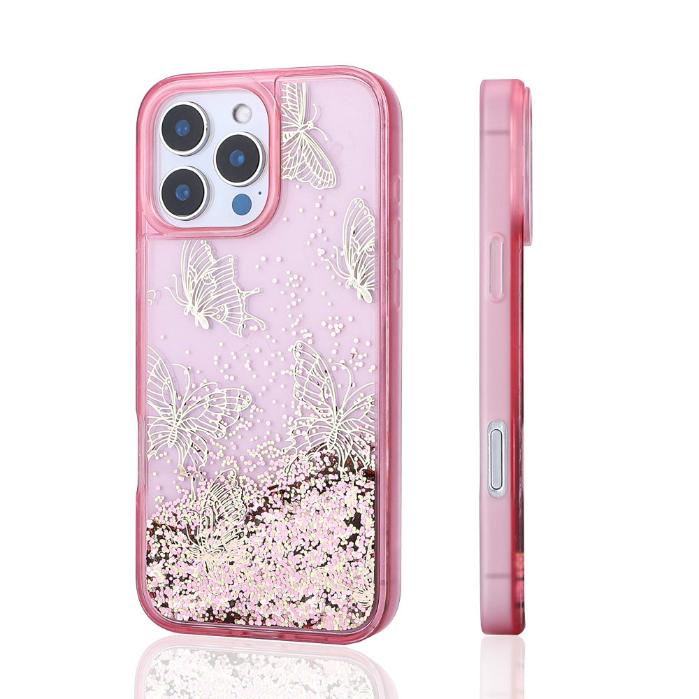 Apple iPhone 16 Pro Max Kılıf Sıvılı Simli Kelebek Baskılı Şeffaf Arka Yüzey Zore Glis Silikon Kapak Pembe