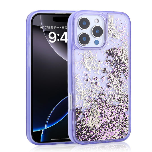Apple iPhone 16 Pro Max Kılıf Sıvılı Simli Kelebek Baskılı Şeffaf Arka Yüzey Zore Glis Silikon Kapak Mor