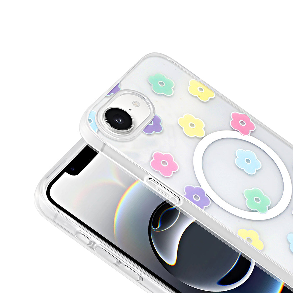 Apple iPhone 16E Kılıf M-Safe Şarj Özellikli Şeffaf Zore Folk Sert Kapak Çilek