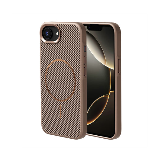 Apple iPhone 16E Kılıf M-safe Şarj Özellikli Karbon Fiber Görünümlü Zore Troy Kapak Gold