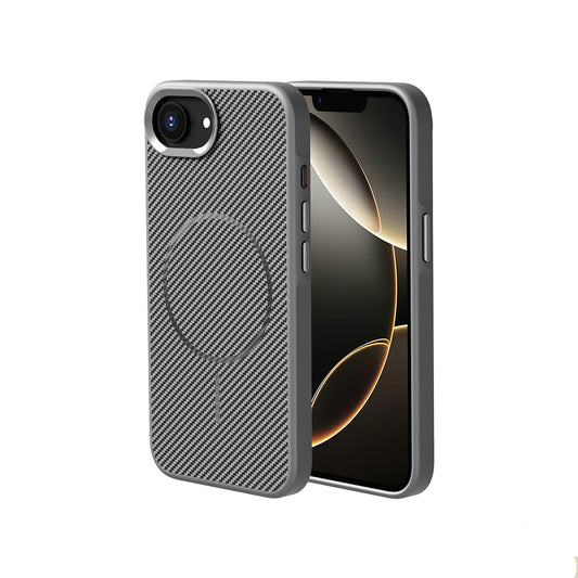 Apple iPhone 16E Kılıf M-safe Şarj Özellikli Karbon Fiber Görünümlü Zore Troy Kapak Gri