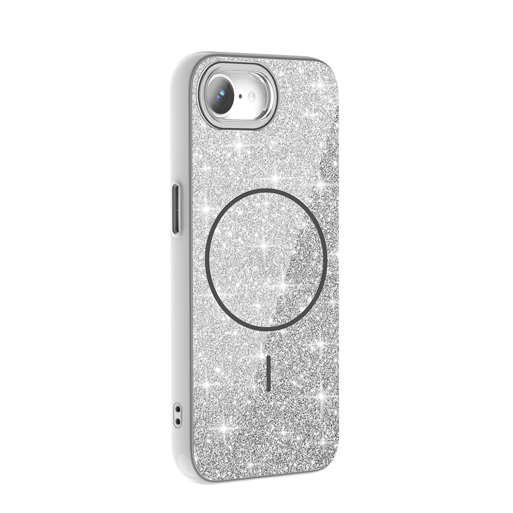 Apple iPhone 16E Kılıf M-safe Şarj Özellikli Parlayan Simli Zore Okso Kapak Beyaz