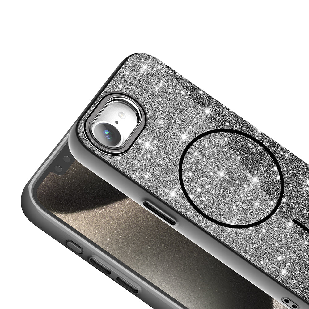 Apple iPhone 16E Kılıf M-safe Şarj Özellikli Parlayan Simli Zore Okso Kapak Siyah