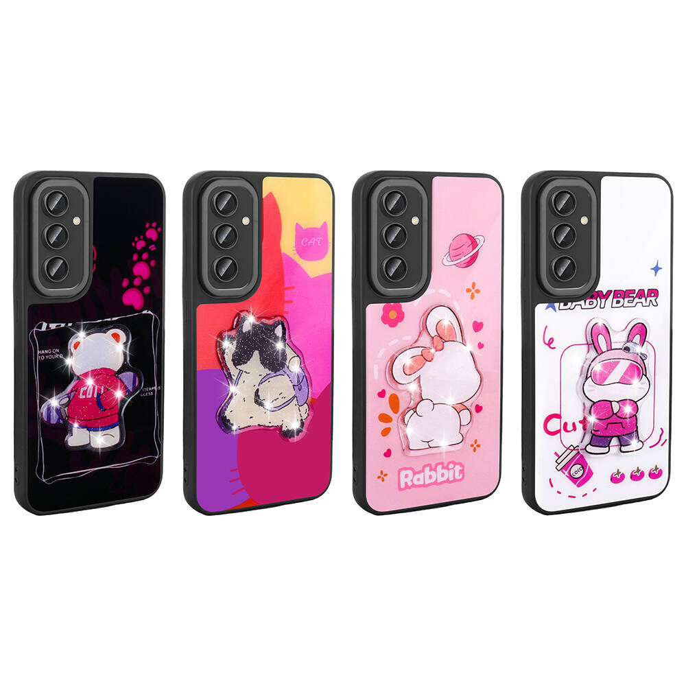 Galaxy A14 Kılıf Parlayan Kabartmalı İkonik Figürlü Zore Amas Silikon Kapak Mor