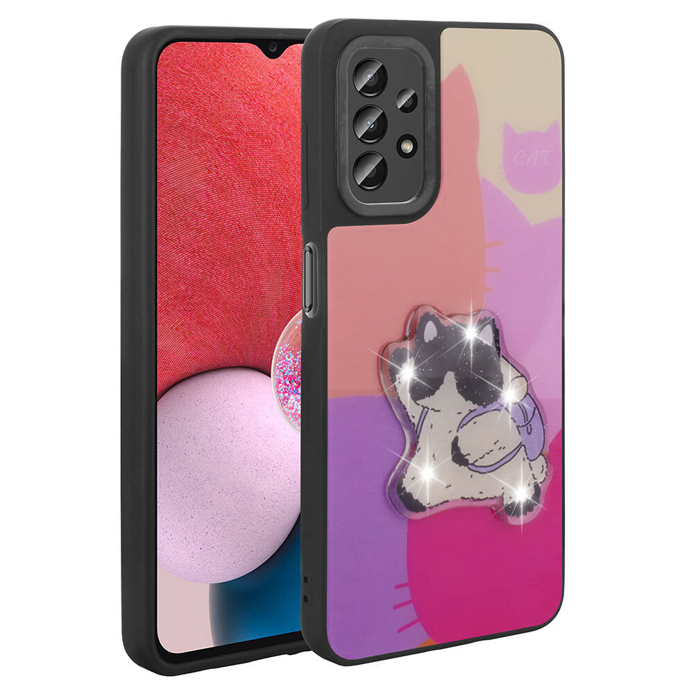 Galaxy A23 Kılıf Parlayan Kabartmalı İkonik Figürlü Zore Amas Silikon Kapak Mor