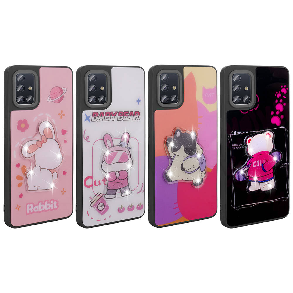 Galaxy A51 Kılıf Parlayan Kabartmalı İkonik Figürlü Zore Amas Silikon Kapak Mor