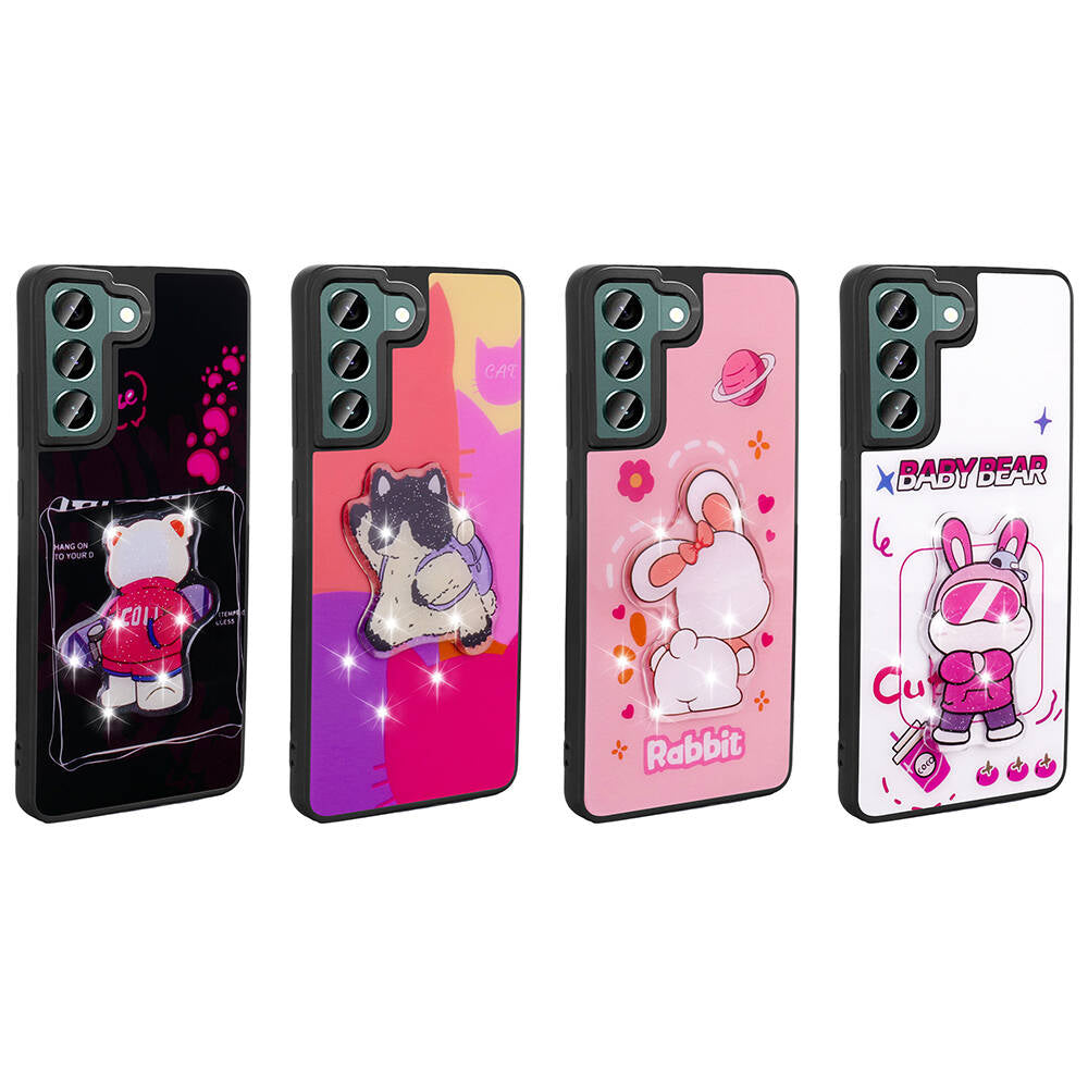 Galaxy S21 FE Kılıf Parlayan Kabartmalı İkonik Figürlü Zore Amas Silikon Kapak Pembe