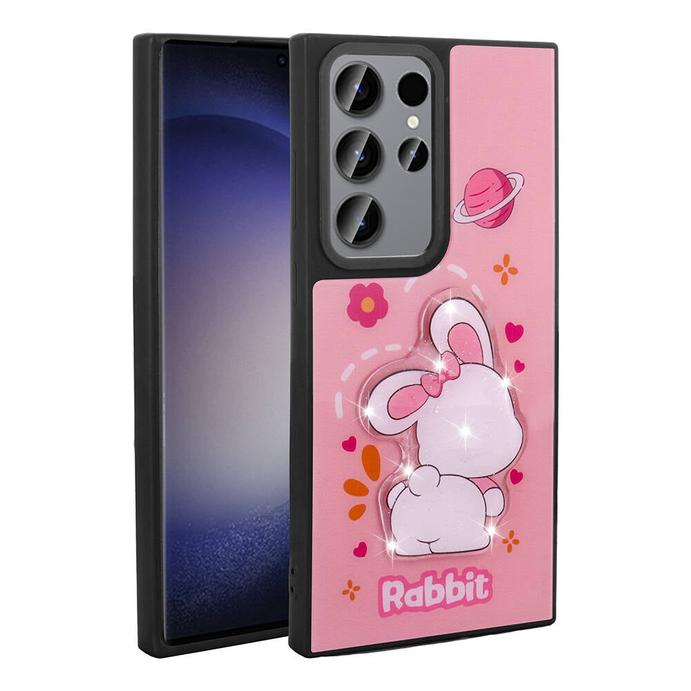 Galaxy S22 Ultra Kılıf Parlayan Kabartmalı İkonik Figürlü Zore Amas Silikon Kapak Pembe