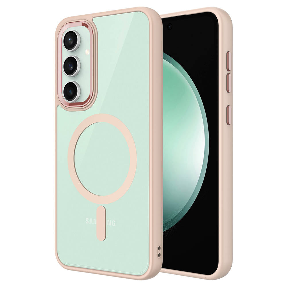 Galaxy S23 FE Kılıf Wireless Şarj Özellikli Zore Krom M-safe Silikon Kapak Pembe Açık