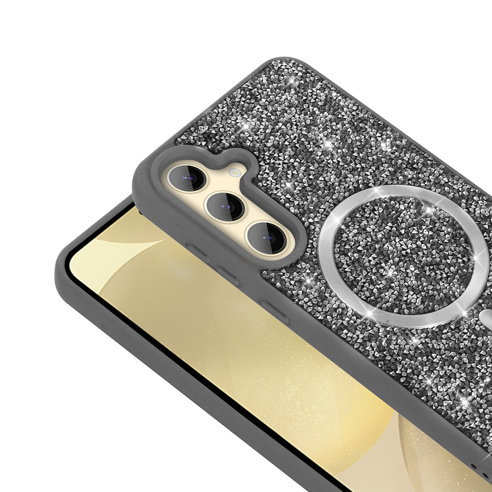 Galaxy S24 FE Kılıf Pırlanta Tasarımlı M-safe Şarj Özellikli Zore Mozaik Silikon Kapak Titanyum-Gri