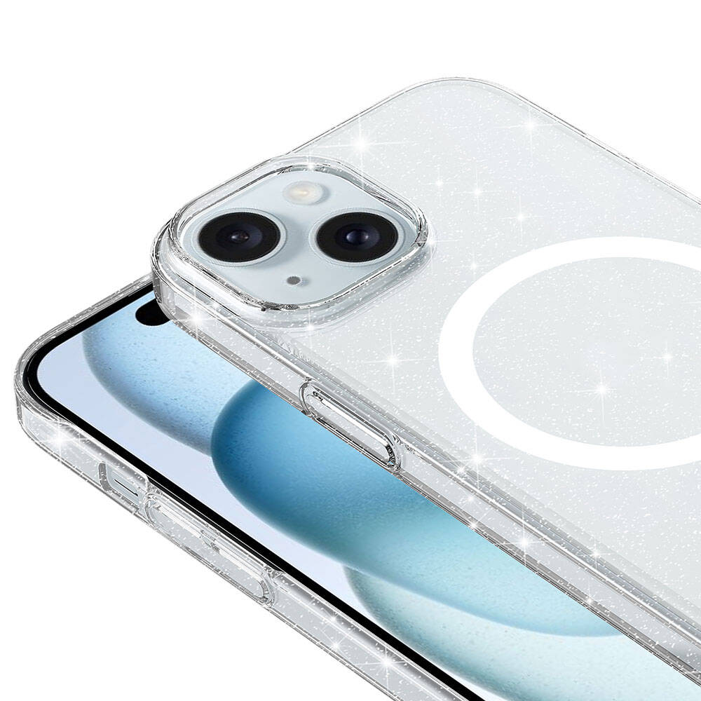 iPhone 14 Plus Kılıf Zore M-safe Şarj Özellikli Simli Şeffaf Arka Yüzey Erdos Silikon Kapak Renksiz