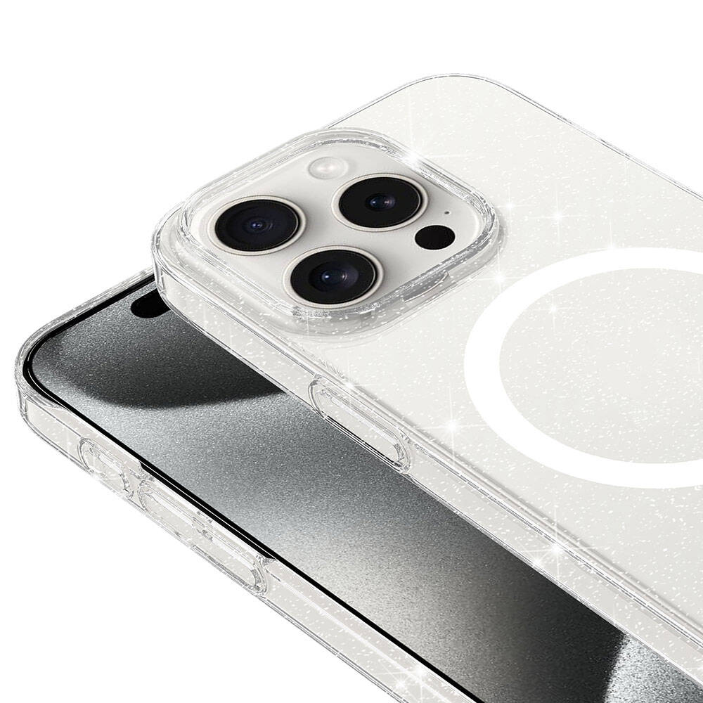 iPhone 15 Pro Max Kılıf Zore M-safe Şarj Özellikli Simli Şeffaf Arka Yüzey Erdos Silikon Kapak Renksiz