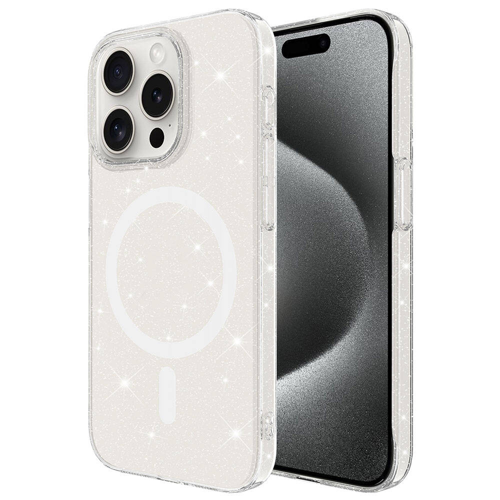 iPhone 15 Pro Max Kılıf Zore M-safe Şarj Özellikli Simli Şeffaf Arka Yüzey Erdos Silikon Kapak Renksiz