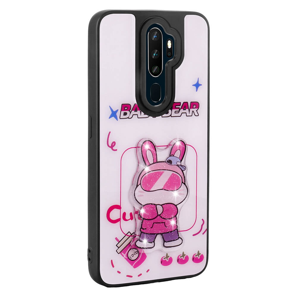 Oppo A5 2020 Kılıf Parlayan Kabartmalı İkonik Figürlü Zore Amas Silikon Kapak Pembe