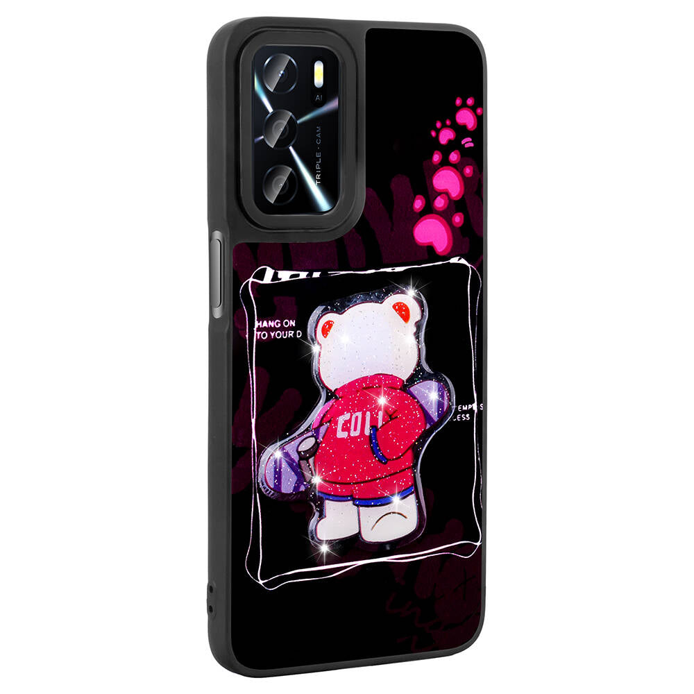 Oppo A54 4G Kılıf Parlayan Kabartmalı İkonik Figürlü Zore Amas Silikon Kapak Mor