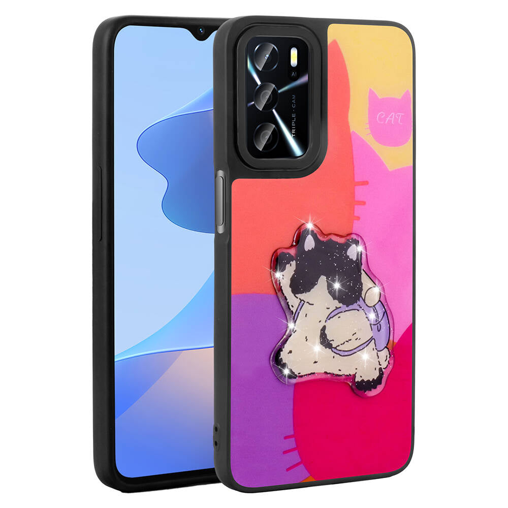 Oppo A54 4G Kılıf Parlayan Kabartmalı İkonik Figürlü Zore Amas Silikon Kapak Mor