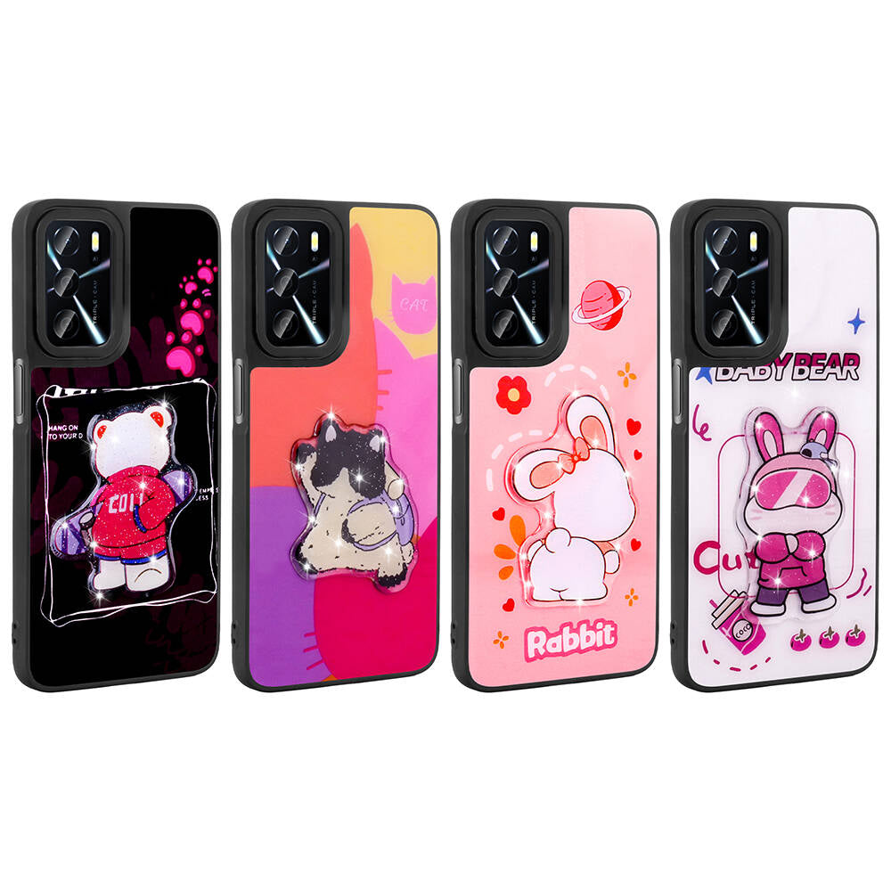 Oppo A55 4G Kılıf Parlayan Kabartmalı İkonik Figürlü Zore Amas Silikon Kapak Beyaz