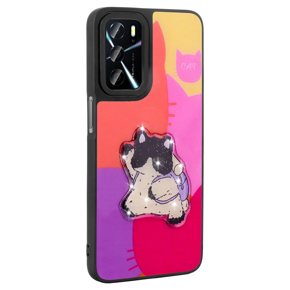 Oppo A55 4G Kılıf Parlayan Kabartmalı İkonik Figürlü Zore Amas Silikon Kapak Pembe