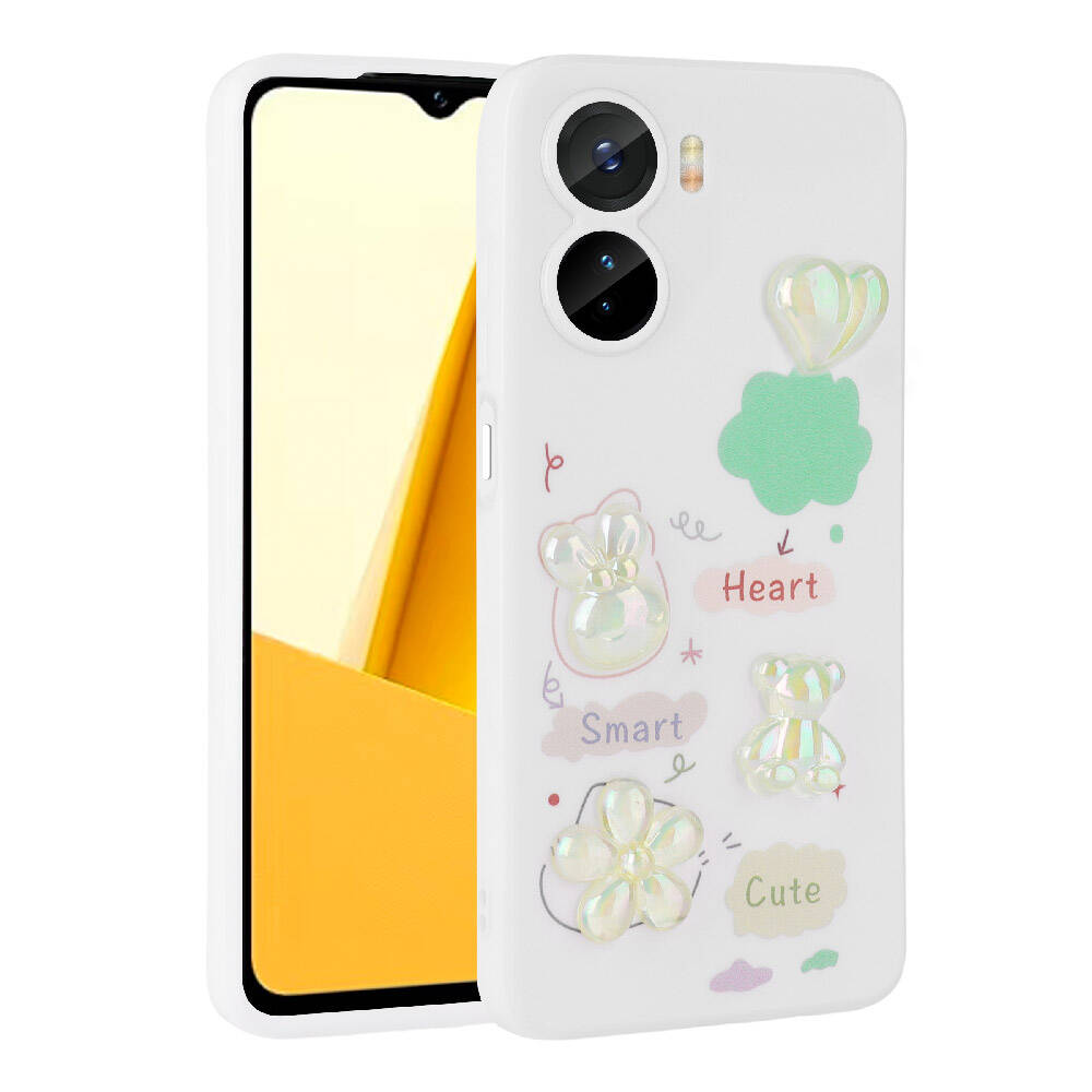 Vivo Y16 Kılıf Kabartma Figürlü Parlak Zore Toys Silikon Kapak Beyaz
