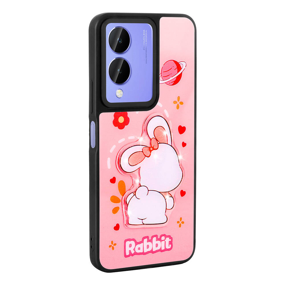 Vivo Y17S Kılıf Parlayan Kabartmalı İkonik Figürlü Zore Amas Silikon Kapak Pembe