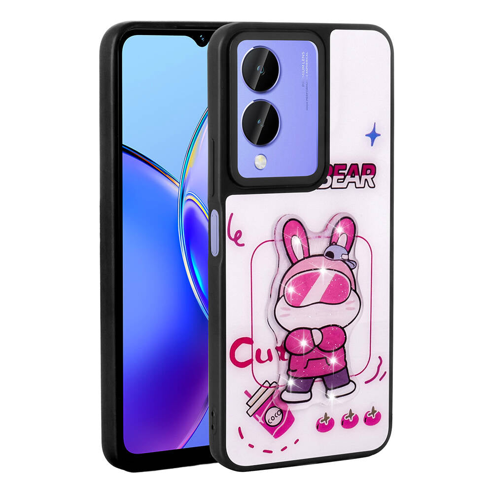 Vivo Y17S Kılıf Parlayan Kabartmalı İkonik Figürlü Zore Amas Silikon Kapak Beyaz