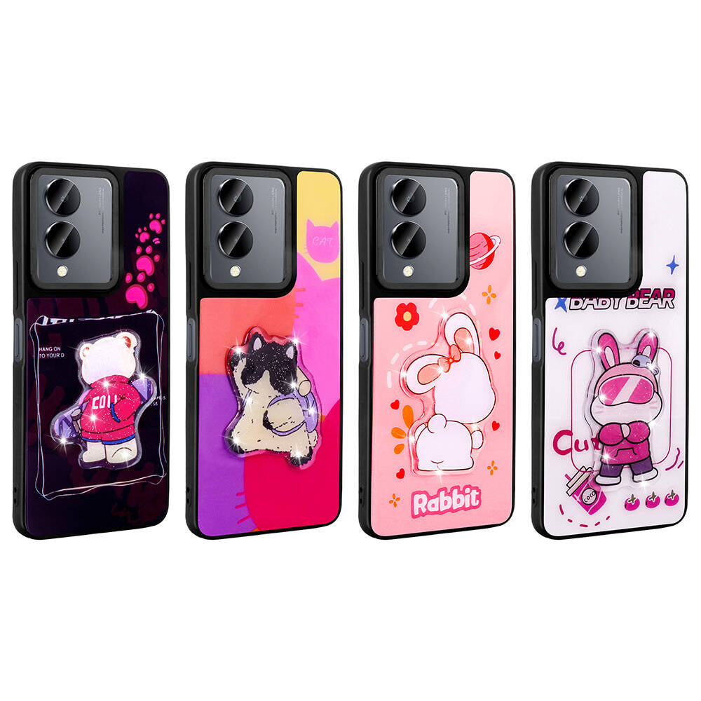 Vivo Y36 5G Kılıf Parlayan Kabartmalı İkonik Figürlü Zore Amas Silikon Kapak Pembe