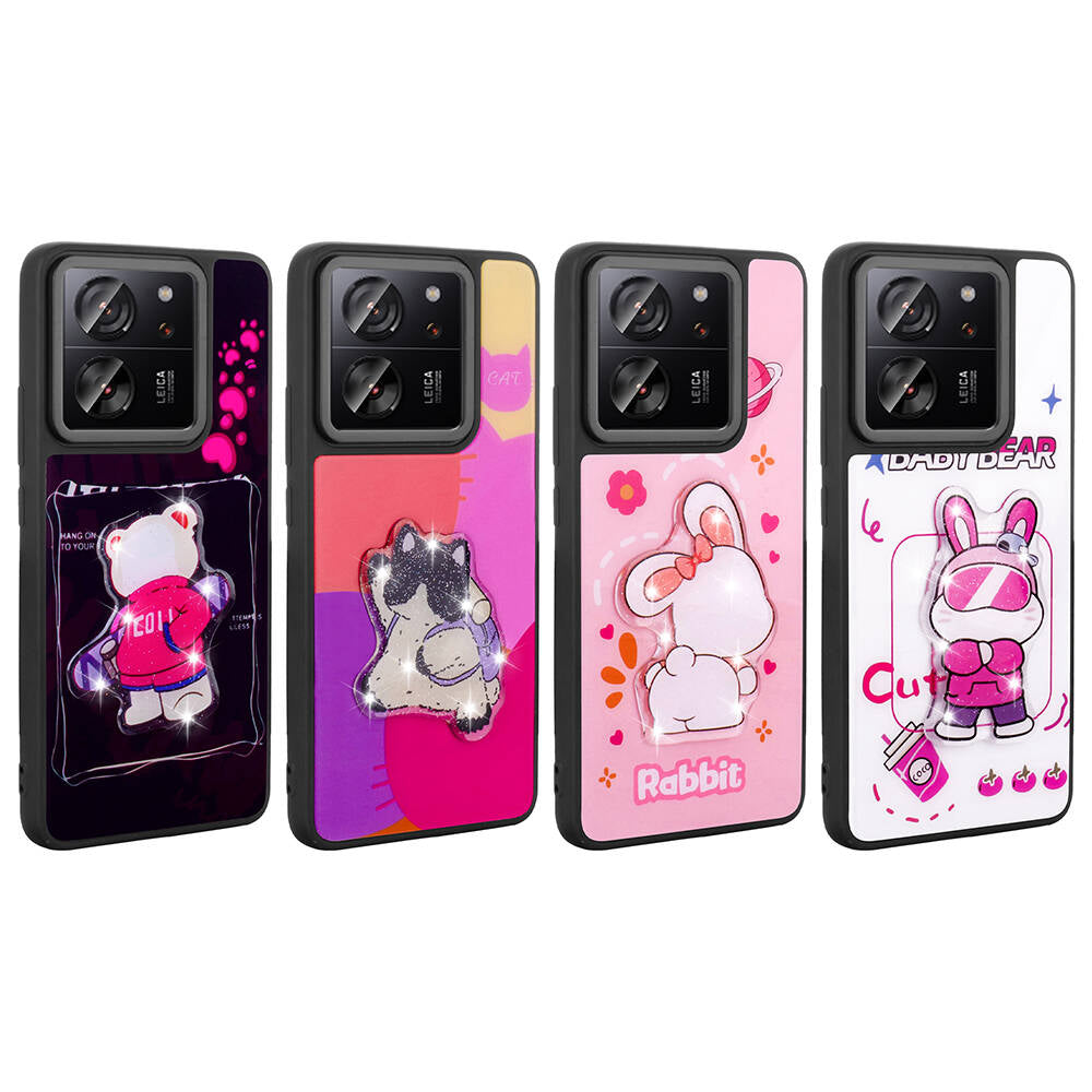 Xiaomi Mi 13T Kılıf Parlayan Kabartmalı İkonik Figürlü Zore Amas Silikon Kapak Pembe