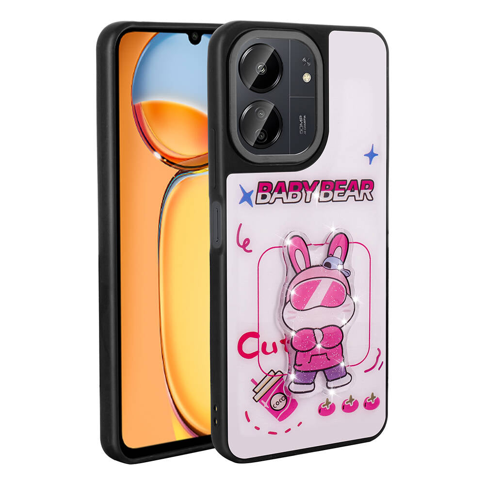 Xiaomi Poco C65 Kılıf Parlayan Kabartmalı İkonik Figürlü Zore Amas Silikon Kapak Pembe