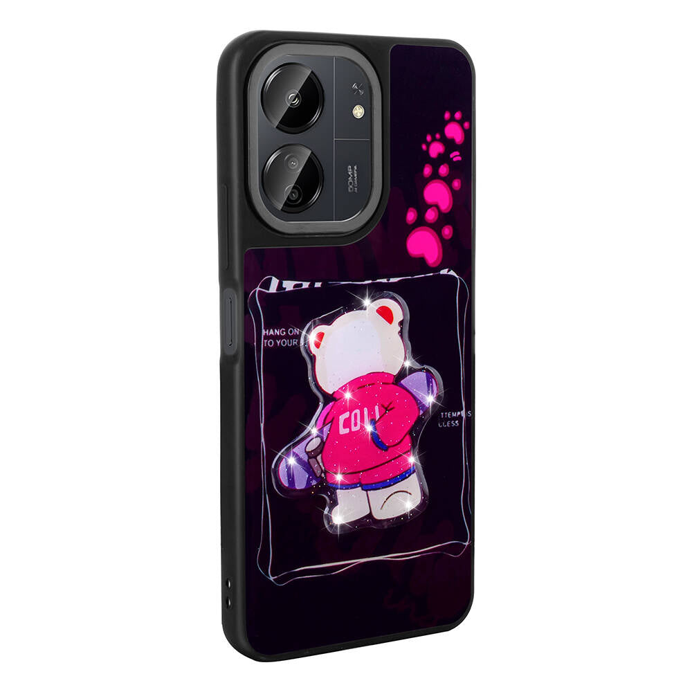 Xiaomi Poco C65 Kılıf Parlayan Kabartmalı İkonik Figürlü Zore Amas Silikon Kapak Mor