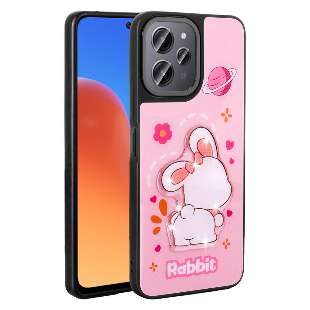 Xiaomi Redmi 12 4G Kılıf Parlayan Kabartmalı İkonik Figürlü Zore Amas Silikon Kapak Pembe