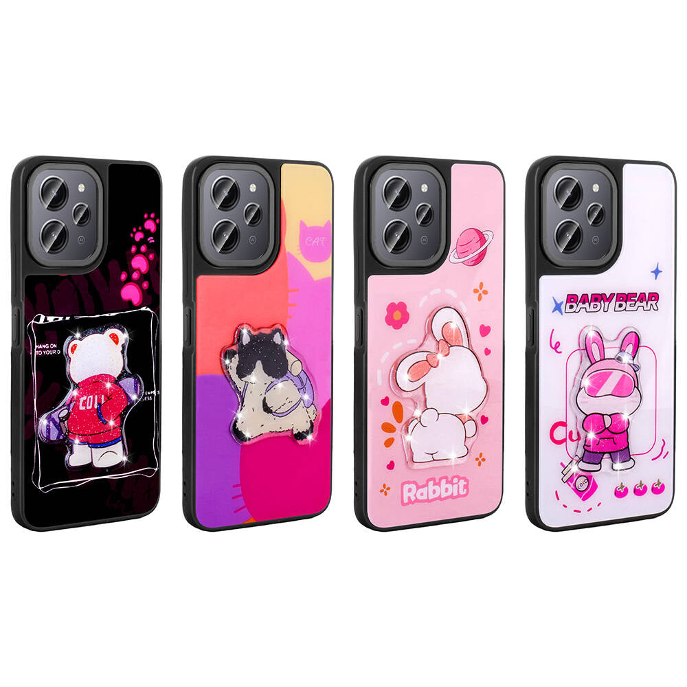 Xiaomi Redmi 12 4G Kılıf Parlayan Kabartmalı İkonik Figürlü Zore Amas Silikon Kapak Mor