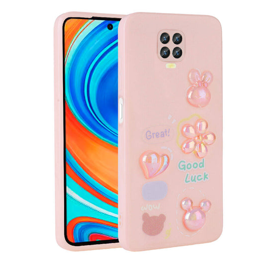 Xiaomi Redmi Note 9S Kılıf Kabartma Figürlü Parlak Zore Toys Silikon Kapak Pembe